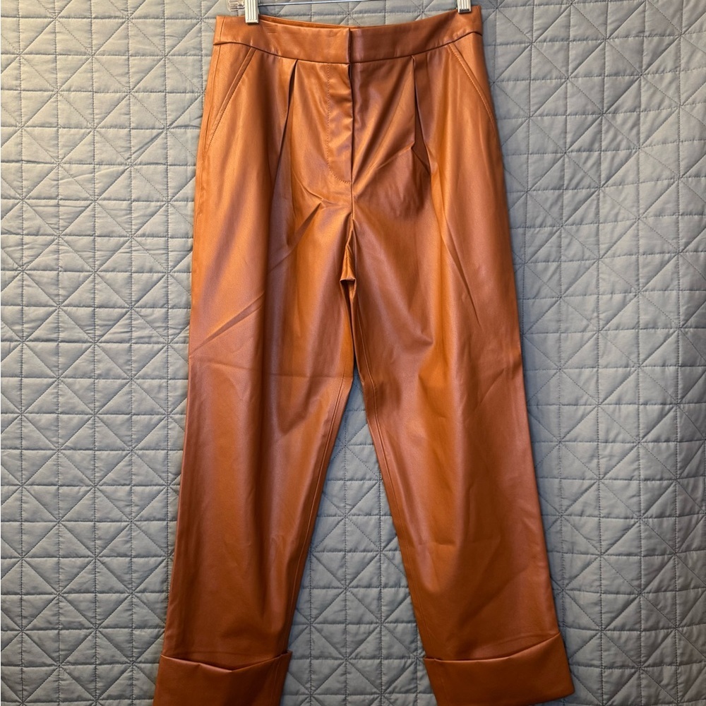 Trina Turk Cuffed Faux-Leather Guilded Pant in Nutmeg Brown